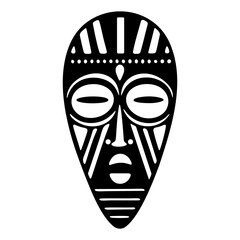 Stylized black and white illustration of African tribal mask with bold geometric patterns and cultural symbolism isolated on transparent background. Vector art.