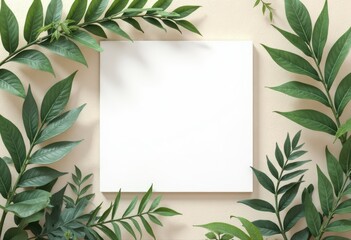Naklejka premium Blank White Square Framed by Lush Green Leaves on Beige Background.