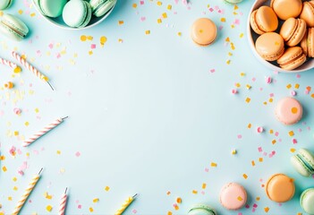 Colorful Macarons and Party Candles with Confetti on Light Blue Background.