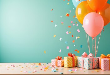 Colorful Gift Boxes Balloons and Confetti for Festive Celebrations.