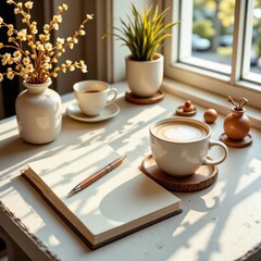 Cozy Morning Coffee with Notebook Pen and Flowers by Sunlit Window.
