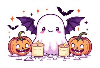 Cute Halloween Ghost with Bat Wings Smiling JackoLanterns and Lit Candles.