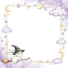 Cute Rabbit Witch Flying on Broom in Whimsical Purple Star and Moon Frame.