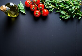 Fresh Olive Oil Cherry Tomatoes and Aromatic Herbs on Dark Wooden Table Background.