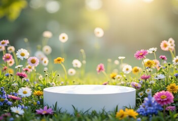 Empty white podium in a colorful spring meadow with blooming flowers and golden light.