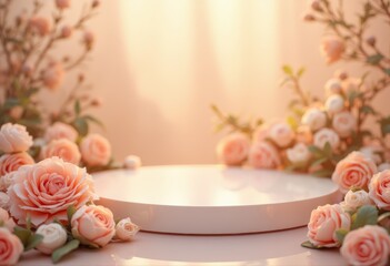 Elegant White Product Podium with Soft Pink Roses and Warm Light.