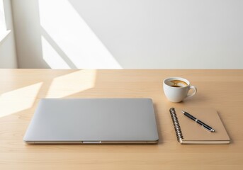 Minimalist workspace with laptop coffee notebook on wooden desk with window shadows.