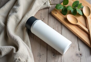 Modern white insulated bottle with wooden spoons cutting board and green leaves on rustic wood.