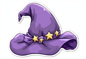 Purple Witch Hat with Golden Stars Illustration on White Background.