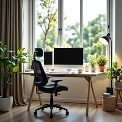 Modern Home Office with Computer Ergonomic Chair and Potted Plants by a Bright Window.
