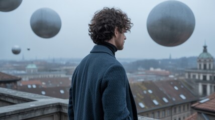 A man with curly hair overlooks a cityscape under a cloudy sky, with large metallic spheres floating in the air around him.