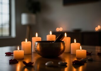 Spiritual Still Life Brass Singing Bowl Lit Candles Rose Petals and Stones.