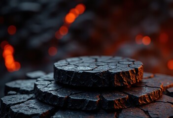 Textured Dark Stone Product Display Podium with Warm Fiery Bokeh.