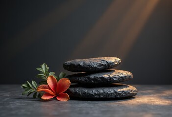 Tranquil Zen Stack of Black Stones with Vibrant Orange Flower and Green Leaves Illuminated by Warm Light.
