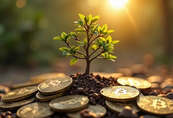 Young plant growing from soil surrounded by golden Bitcoin coins at sunrise.