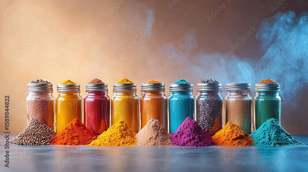 Poster row of colorful jars with powders and table