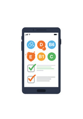 Digital diary of vitamin intake. Image of a smartphone with a screen showing colored vitamin icons and intake marks (check marks). FlaSmartphone displaying nutritional supplement checklist on screen  