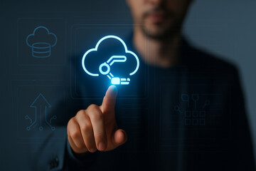 Futuristic cloud interface with robotic hand technology icon, secure AI automation concept for modern business data innovation background