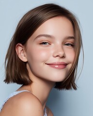 Obraz premium Portrait of a young brunette woman smiling softly against a clean blue background showcasing her natural beauty.