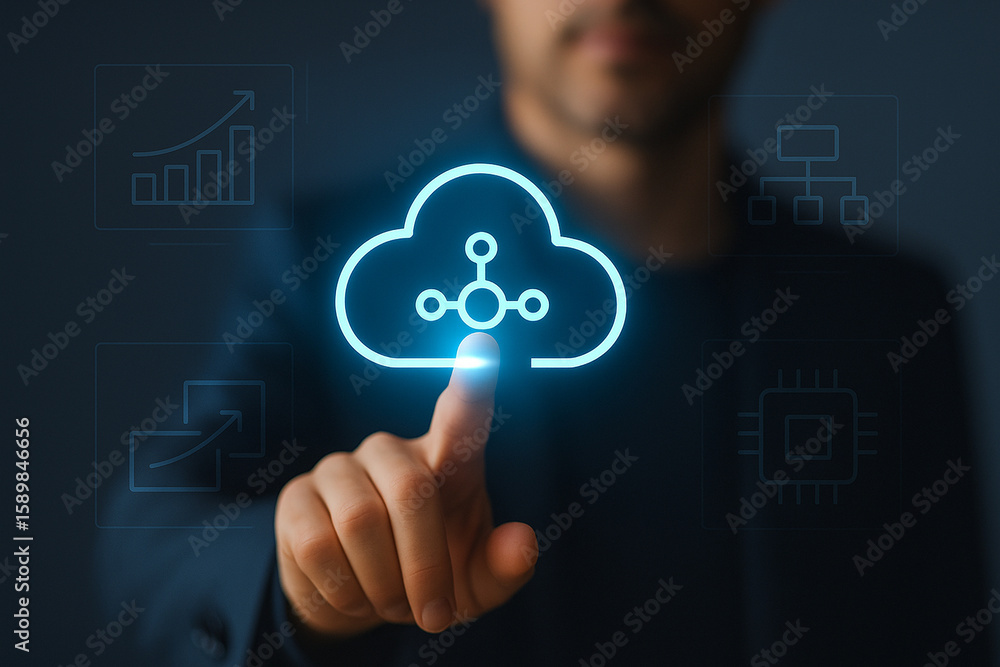 Poster businessman touching cloud with quantum dot icon interface in futuristic digital network concept for