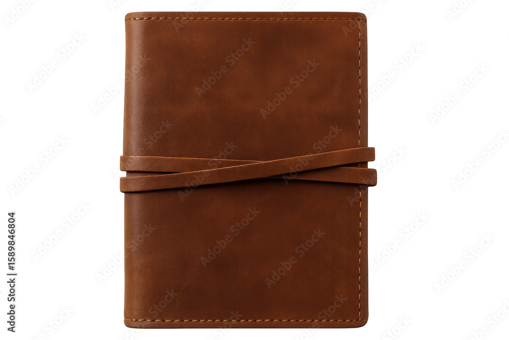 Poster brown leather notebook closed with a stylish strap, featuring a classic design and elegant texture, 