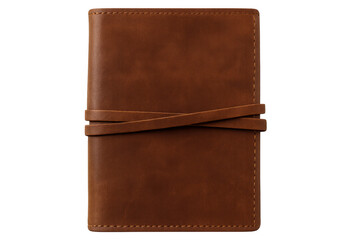 Brown leather notebook closed with a stylish strap, featuring a classic design and elegant texture, isolated on a transparent background