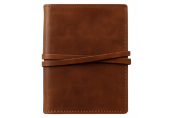 Brown leather notebook closed with a stylish strap, featuring a classic design and elegant texture, isolated on a transparent background