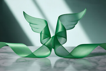 Elegant green ribbon sculpture featuring wing shapes sits on a marble surface under soft, diffused light, perfect for creative designs.