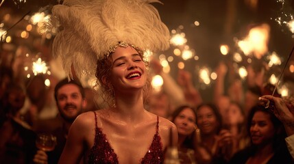Joyful Cabaret Revelry: A radiant woman in a dazzling cabaret costume and elegant feather headpiece, revels in the lively atmosphere with people around, sparklers dancing around.