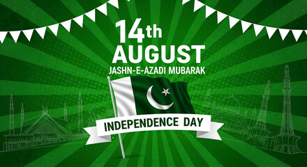 14th August Pakistan Independence Day Celebration Background with Flag, Ribbon Banner, and National Landmarks in Green Theme