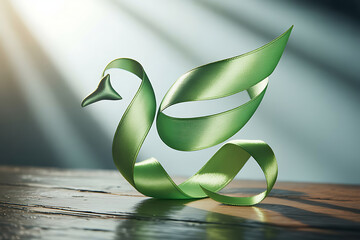 An elegant green ribbon forms a graceful dove, symbolizing peace and tranquility on a textured wooden surface with bright light rays.