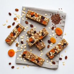 Overhead flatlay of rustic granola bars, oats, dried fruits, and seeds on linen cloth. Natural soft lighting copy