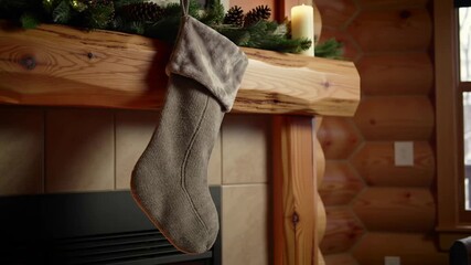 Gray Christmas stocking hangs from a log fireplace mantel decorated with pine boughs and candles. - Powered by Adobe