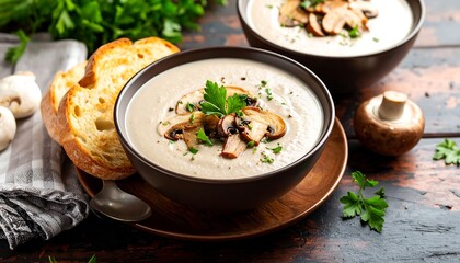 Creamy mushroom soup in bowls with toasted bread