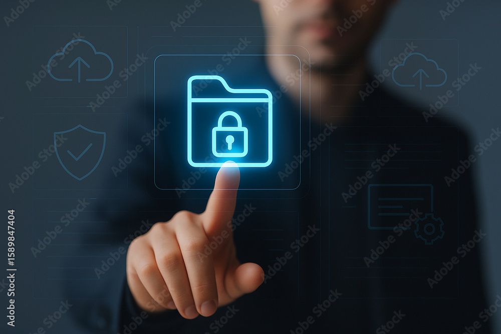 Poster businessman tapping secure folder icon on virtual screen illustrating cybersecurity, data privacy, c