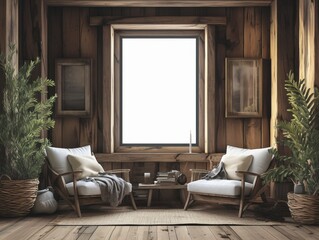 Blank Poster Frame Mockup Rustic Lodge Style Wooden Texture Minimalist