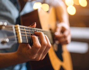 Fototapeta premium Close-up of hands playing an acoustic guitar