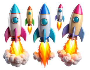 Set 3D Stylized Cartoon Rocket with Curved Smoke Trails and Colorful Flame Burst, Floating Icon Style, Transparent Background