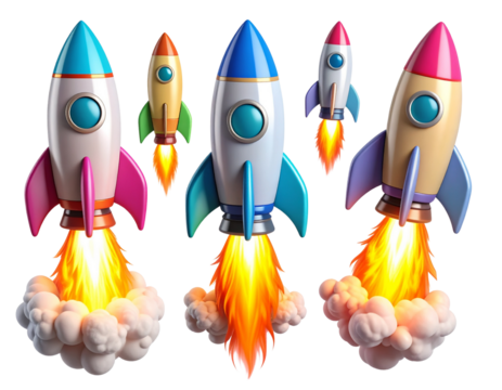  Set 3D Stylized Cartoon Rocket with Curved Smoke Trails and Colorful Flame Burst, Floating Icon Style, Transparent Background