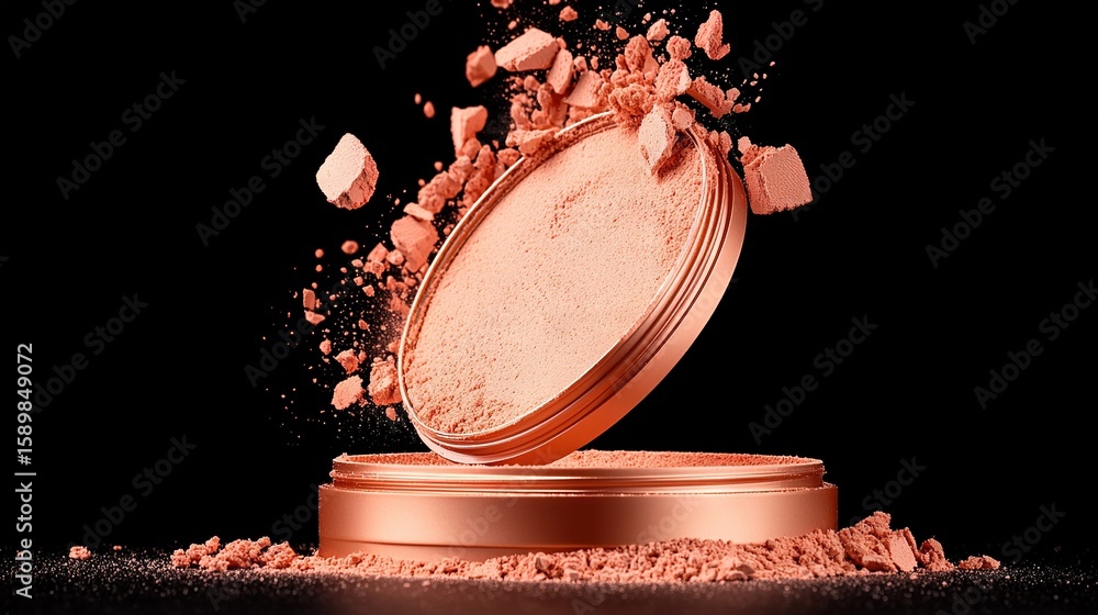 Poster a black background with a close-up image of a powdered container and a pile of powder emerging from 