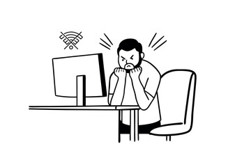 Angry person at computer with no wifi signal, frustrated remote worker vector illustration
