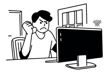 No wifi concept, furious freelancer gesturing at disconnected computer, clean vector illustration