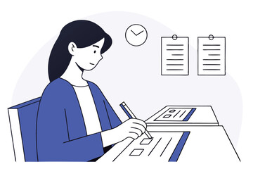 Girl concentrating on written exam at desk, pencil in hand with test paper