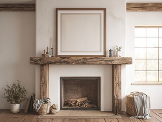 Blank Poster Frame Mockup Rustic Lodge Style Wooden Texture Minimalist