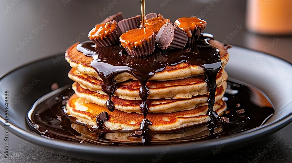 Poster a stack of pancakes drenched in chocolate and topped with a drizzle of caramel