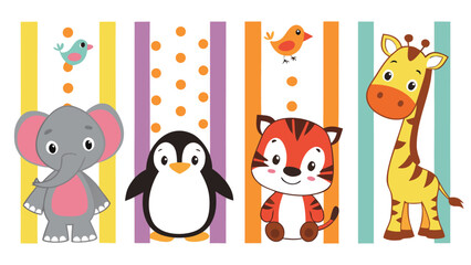 Fototapeta premium Adorable cartoon animals elephant penguin tiger and giraffe on striped colorful background