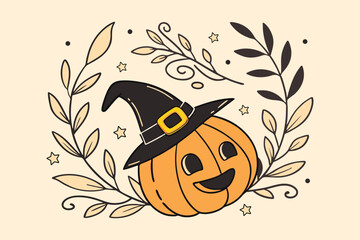 cute pumpkin with witch hat surrounded by autumn leaves and stars perfect for halloween fall celebration and seasonal design elements