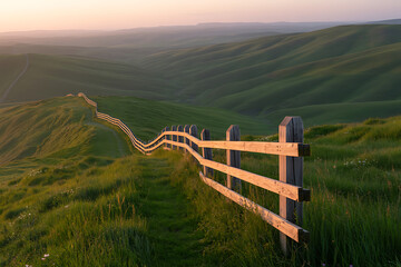 A wooden fence meanders across rolling green hills at sunset, creating a peaceful, rural landscape vista under a soft, hazy light.