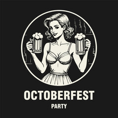 Black and white flat vector illustration of a smiling girl in a dirndl with deep neckline holding two beer mugs. Oktoberfest or International Beer Day themed design.
