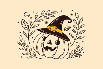 smiling halloween pumpkin with witch hat surrounded by autumn leaves stars and moon perfect for festive seasonal design and celebration themes